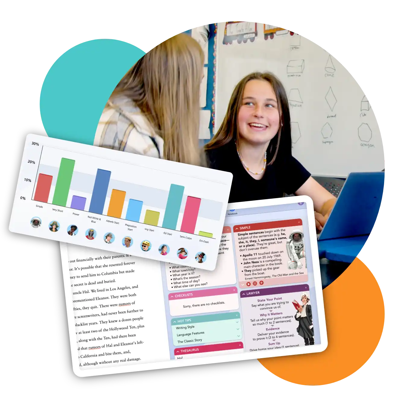 A happy student with teacher on a Laptop using Writer's Toolbox